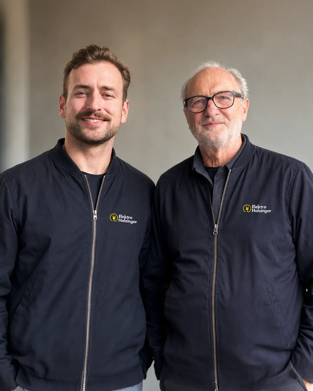 Ein Portraitfoto dass das Team von Elektro Holzinger abbildet, links am Foto ein junger Mann, rechts am Foto ein älterer Mann, an den Jacken tragen sie das Logo von Elektro Holzinger im Bezirk Gmunden, beide lächeln